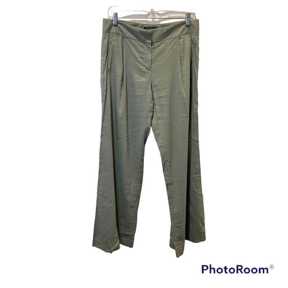 Theory Moss green linen blend flared leg business casual dress pants size 6